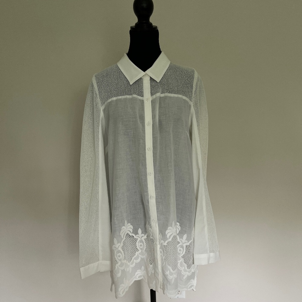 Mystree White Sheer Tunic with Embroidered Hem